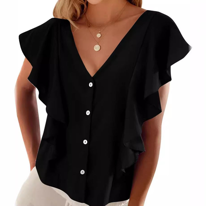 Women's Top Pleated Cover Ruffle Sleeve V-neck-Womens 2024 March-Zishirts