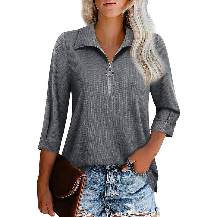 Three-quarter Sleeve Zipper Ladies' V-neck T-shirt Top-Blouses & Shirts-Zishirts