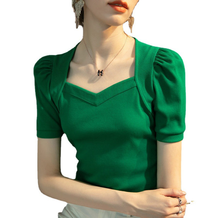 Diamond Collar Short Sleeve T-shirt Women's Solid Color Puff Sleeve Top-Women's Outerwear 2023-Zishirts