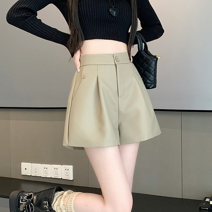 High Waist Casual Pants Brown Loose Wide-leg Leather Pants-0-Zishirts