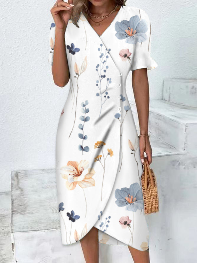 Women's Fashion Casual V-neck Floral Print Dress-Womens 2024 March-Zishirts