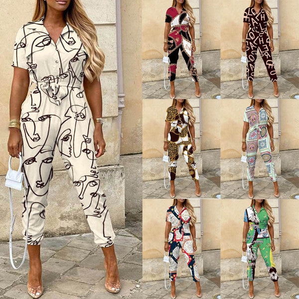 Women's Clothing Lapel Print Cargo Overalls-Womens 2024 March-Zishirts