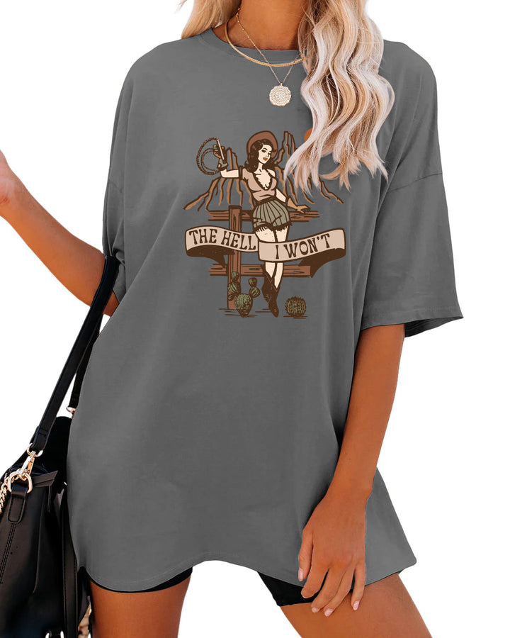 Women's Fashion Casual The Hell I Won't Print Round Neck Short Sleeve-Blouses & Shirts-Zishirts