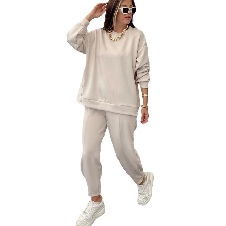 Metal Button Long Sleeve Shirt Sports Casual Ankle Banded Pants Suit-Women's Outerwear 2023-Zishirts