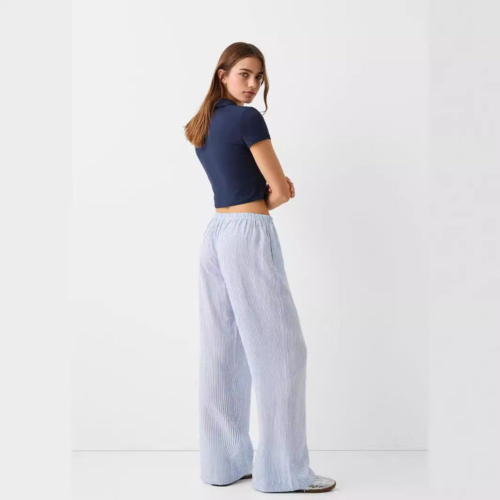 Women's Comfortable Elastic Waist Pinstripe Casual Loose Trousers-0-Zishirts