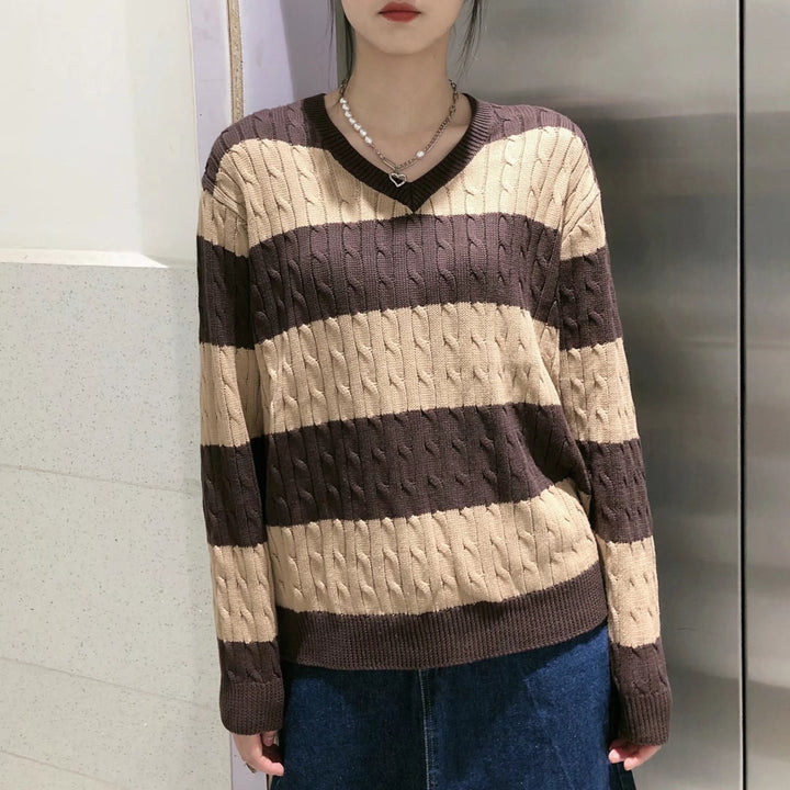 European And American Striped Cable-knit Sweater V-neck Loose Sweater For Women-Women's Outerwear 2023-Zishirts