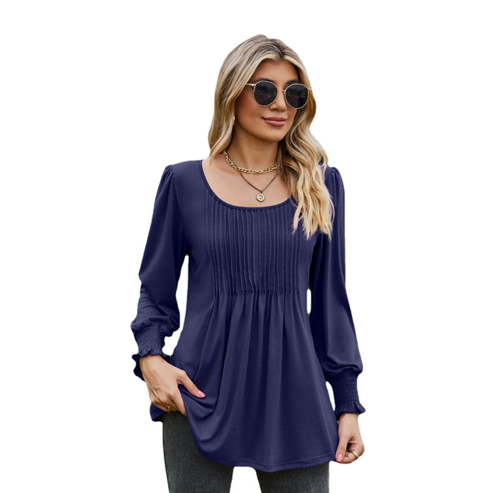 Solid Color Round Neck Drawstring Cuff Smocking Top-Blouses & Shirts-Zishirts