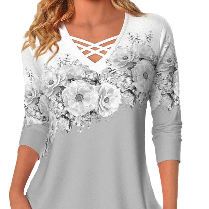 Women's V-neck Flower Print Long-sleeved T-shirt-Blouses & Shirts-Zishirts