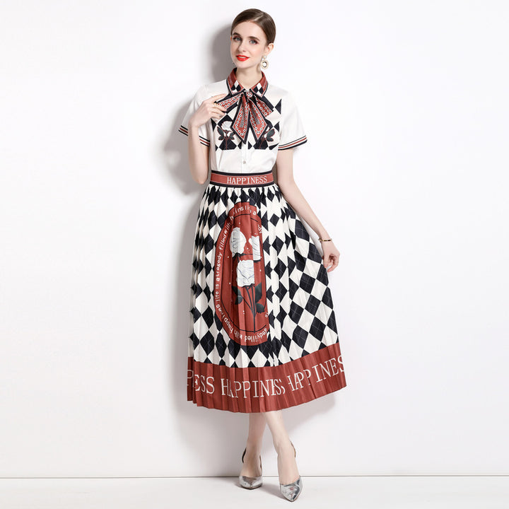 Printed Shirt Collar Elegant Fashionable Pleated Skirt Fashion Two-piece Set-Womens 2024 March-Zishirts