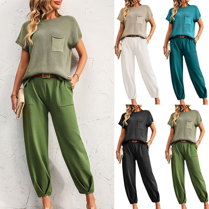 Women's Fashion Casual Short-sleeved Trousers Home Wear Contrast Color Sweater Two-piece Suit-Suits & Sets-Zishirts