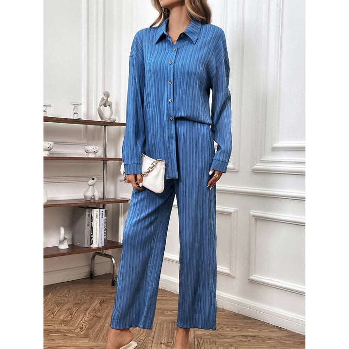 Button Shirt Solid Color Straight-leg Pants Two Pieces-Suits & Sets-Zishirts