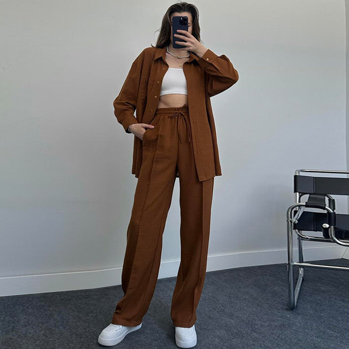 Women's Fashion Casual Solid Color Shirt And Trousers Two-piece Set-Suits & Sets-Zishirts