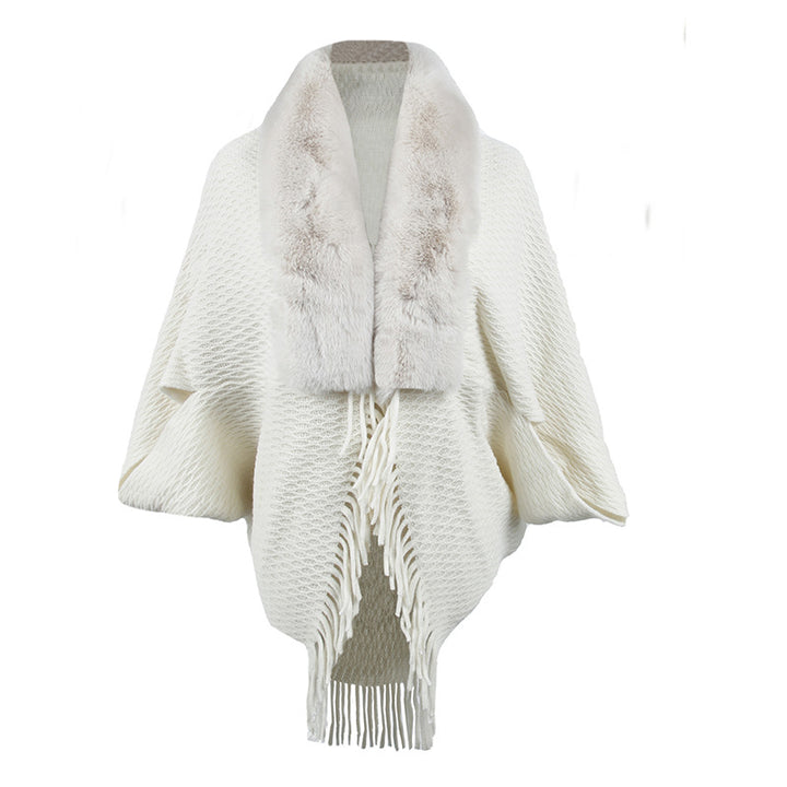 Drizzling Fur Collar Knitted Tassel Cape Coat Women-Scarves & Wraps-Zishirts