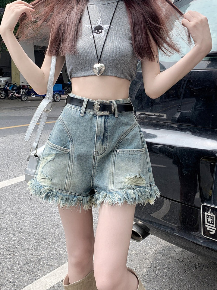 Ripped Denim Shorts Wide Leg Frayed Hem A- Line Retro High Waist-0-Zishirts