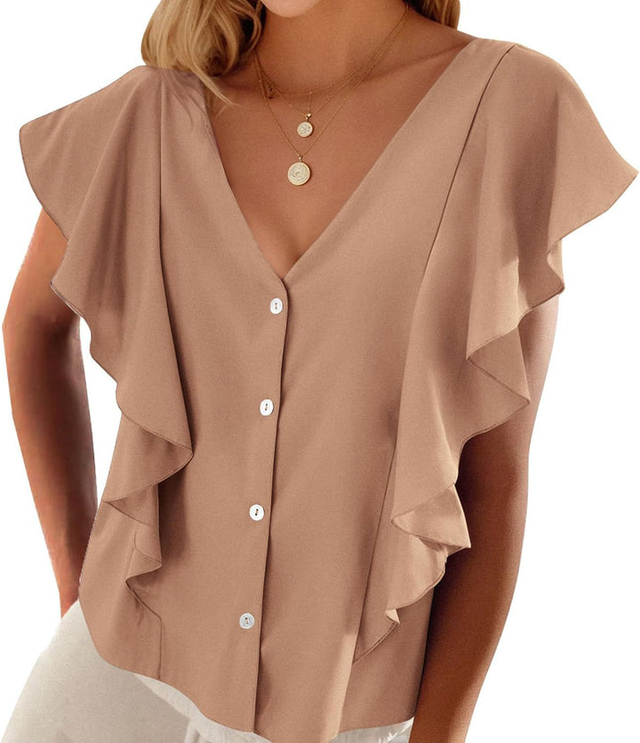 Women's Top Pleated Cover Ruffle Sleeve V-neck-Womens 2024 March-Zishirts