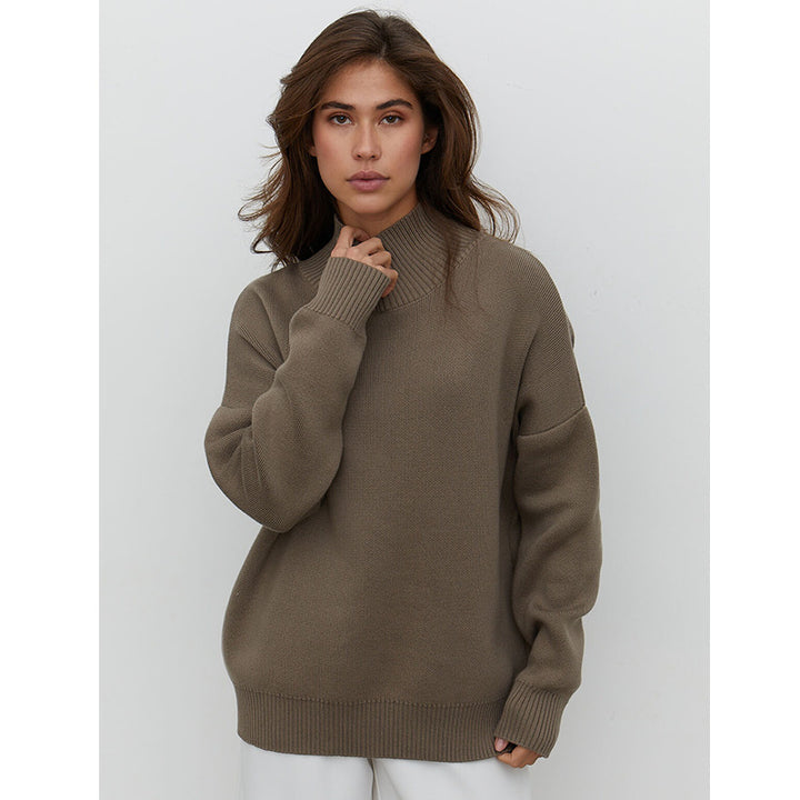 Women's Fashionable All-matching Loose Mock Neck Knitted Sweater-Sweaters-Zishirts