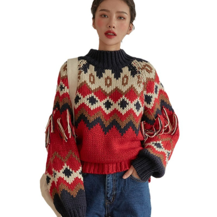 New Christmas Style Contrast Color Dotted Tassel Pullover Thick Sweater-Women's Outerwear 2023-Zishirts