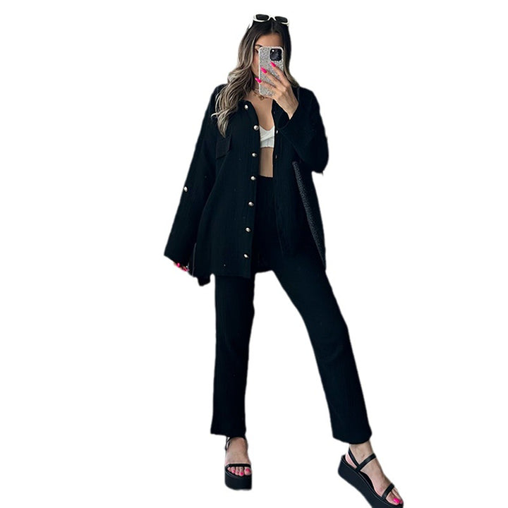 Women's Fashion Casual Loose Long-sleeved Shirt High Waist Skinny Trousers Suit-Suits & Sets-Zishirts