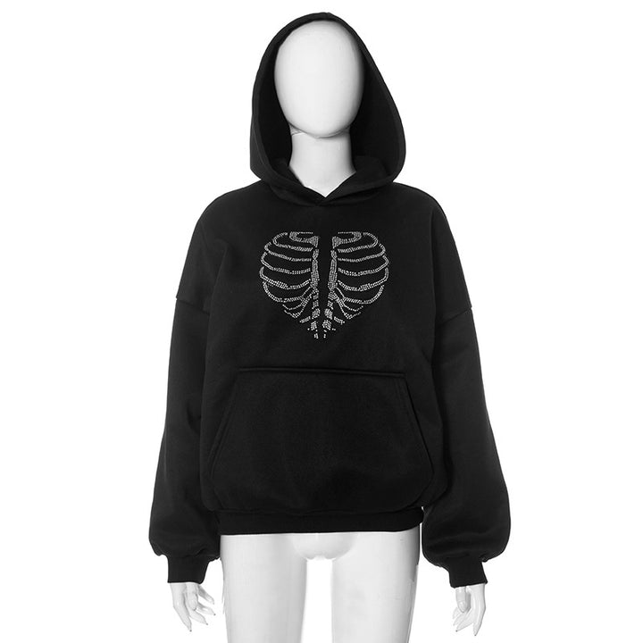 Trendy Skeleton Rhinestone Loose Hooded Sweater-Women's Outerwear 2023-Zishirts