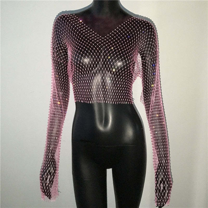 Fishnet Long Sleeve Top Mesh Rhinestone-Blouses & Shirts-Zishirts