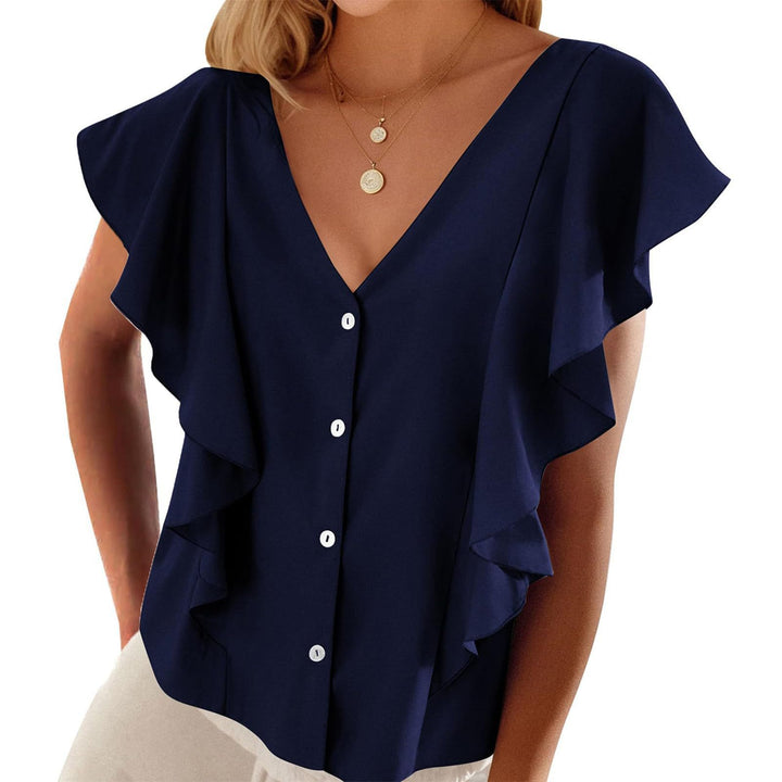 Women's Top Pleated Cover Ruffle Sleeve V-neck-Womens 2024 March-Zishirts