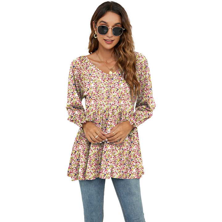 Women's Fashion Casual Printing Bubble Long Sleeve Waist Top-Blouses & Shirts-Zishirts