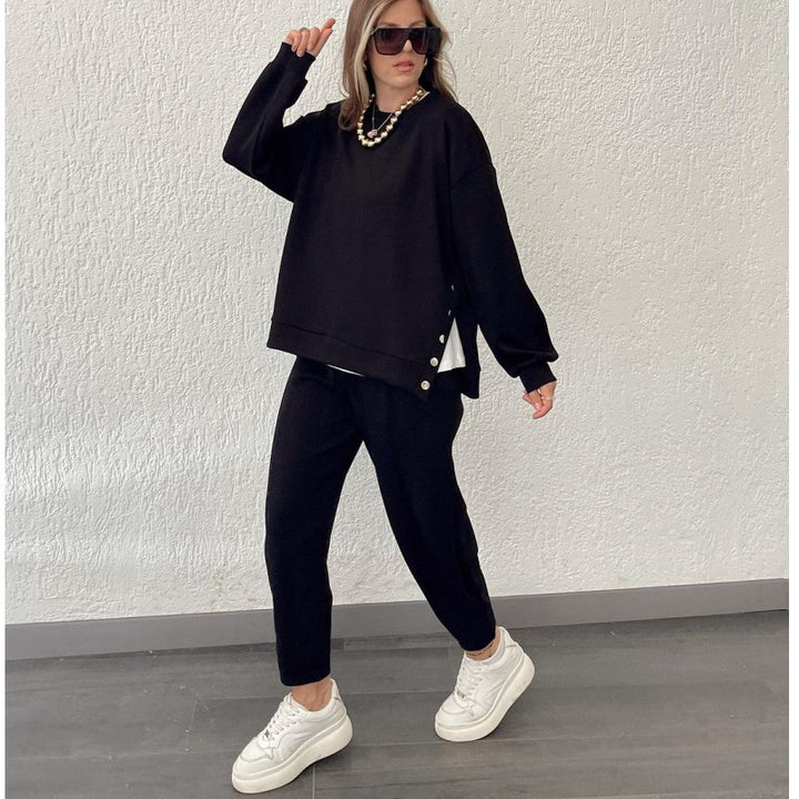 Metal Button Long Sleeve Shirt Sports Casual Ankle Banded Pants Suit-Women's Outerwear 2023-Zishirts