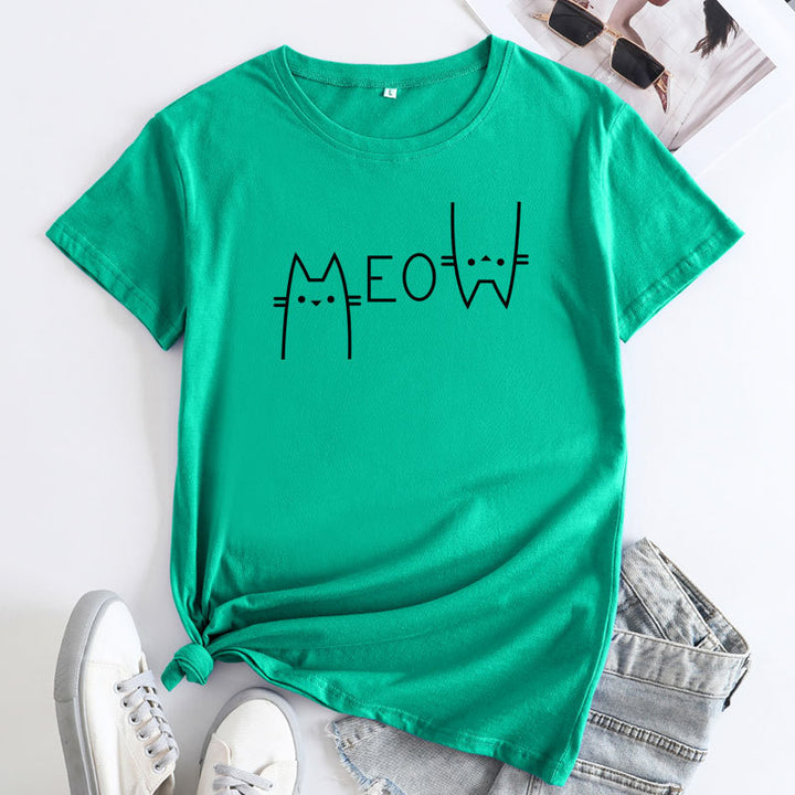 Creative Casual Cat Letter Cotton Short-sleeved T-shirt Women's Clothing-Blouses & Shirts-Zishirts