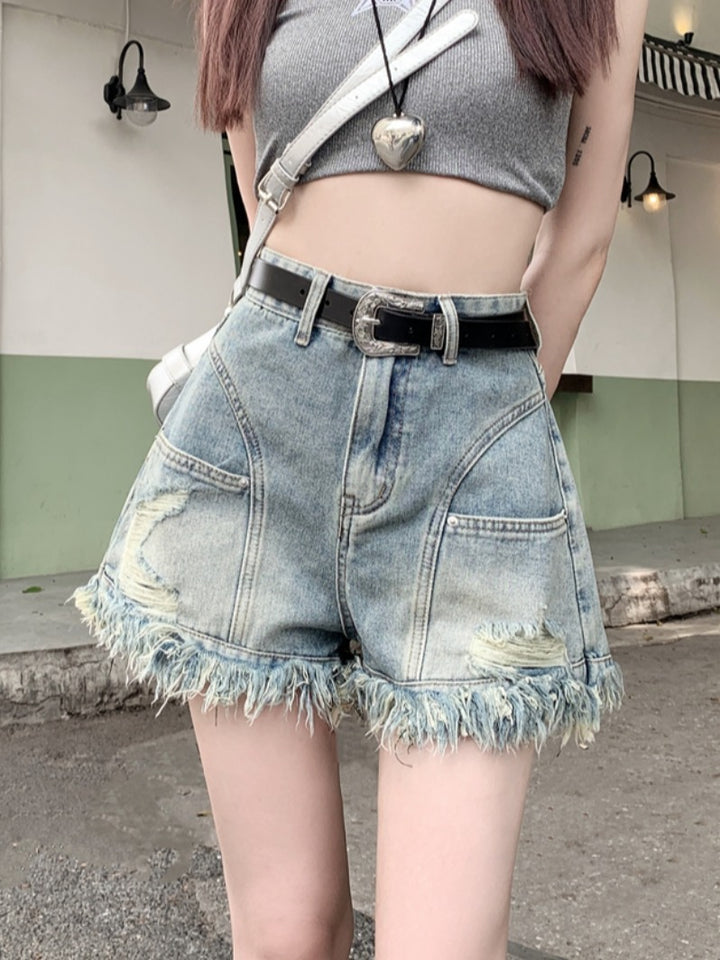 Ripped Denim Shorts Wide Leg Frayed Hem A- Line Retro High Waist-0-Zishirts