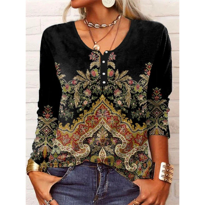 Women's Fashion Loose-fitting Long Sleeves Geometric Floral U-neck Button T-shirt-Womens 2024 March-Zishirts