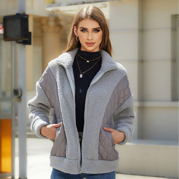 Cardigan Zipper Plush Stitching Women's Coat-Jackets-Zishirts