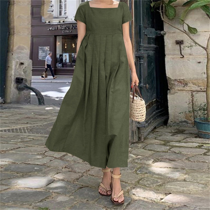 Cotton And Linen Dress Large Swing Short Sleeve Square Collar Elegant-Women's Outerwear 2023-Zishirts