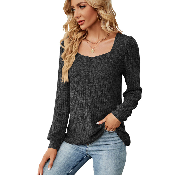 Women's Solid Color Rib Fabric Square Collar Loose Long-sleeved T-shirt Top-Blouses & Shirts-Zishirts