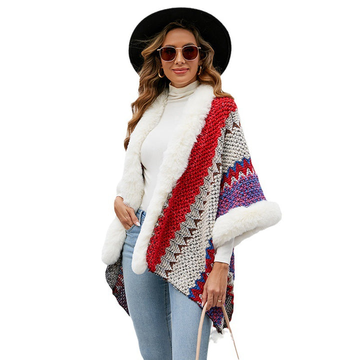 Women's Fur Collar Inverness Striped Ethnic Style-Scarves & Wraps-Zishirts