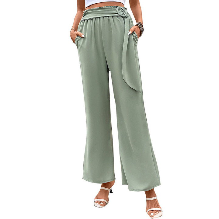 Casual Versatile Women's Green Wide Leg Pants With Belt-Womens 2024 March-Zishirts