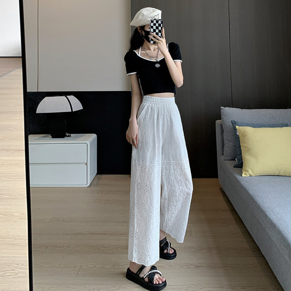 Straight Wide-leg Women's Loose White Embroidered Hollow Casual Pants-0-Zishirts