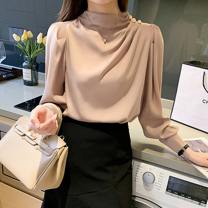 Stand Collar Pleated Lantern Sleeve Long Sleeve Top Loose Women's Shirt-Blouses & Shirts-Zishirts