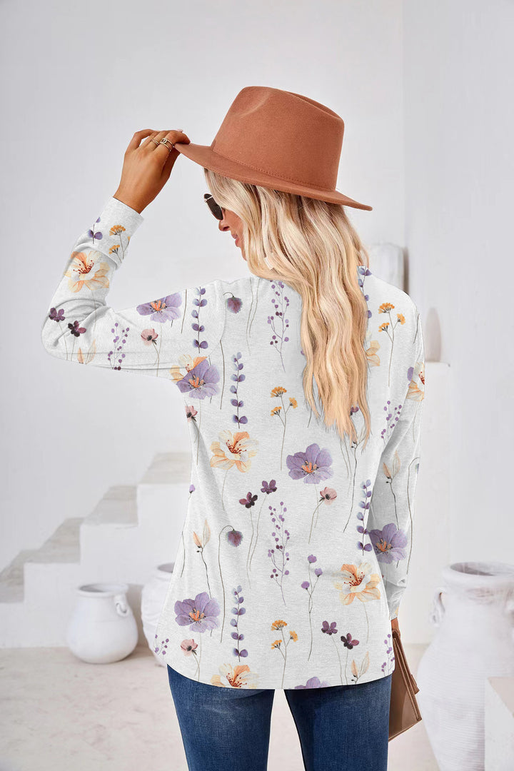 Women's Fashion Casual Printing Button V-neck Long Sleeve-Blouses & Shirts-Zishirts