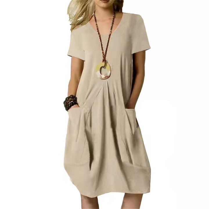 Cotton And Linen Solid Color Loose Round Neck Short Sleeve Dress-0-Zishirts