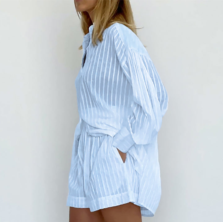 Women's Graceful And Fashionable Striped Puff Sleeve Shorts Suit-Suits & Sets-Zishirts