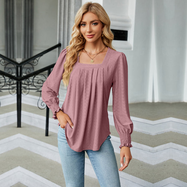 Women's Fashion Casual Jacquard Pleated Square Collar Long Sleeve-Blouses & Shirts-Zishirts