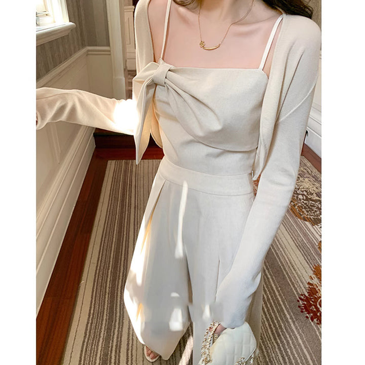 Women's Bow Suspenders Top Wide Leg Pants Suit-Womens 2024 March-Zishirts