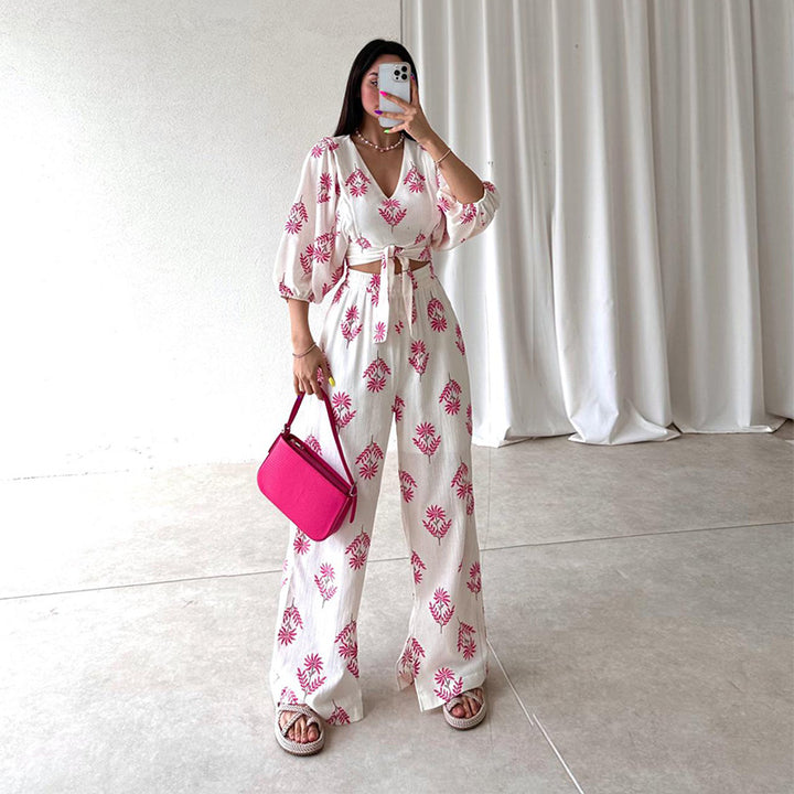 Women's Elegant V-neck Printed Puff Sleeve Top Trousers Two-piece Set-Suits & Sets-Zishirts