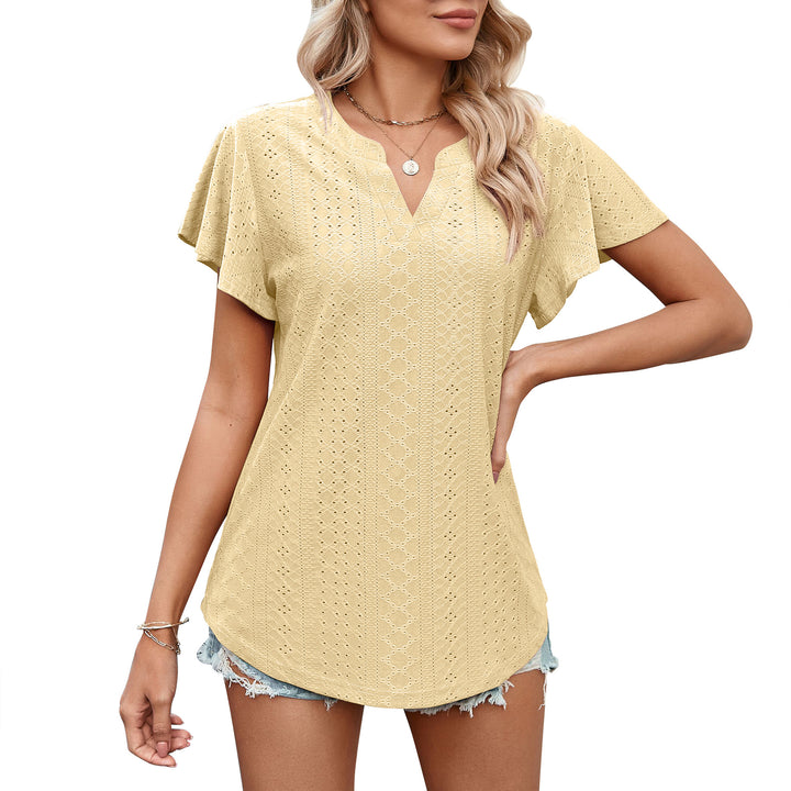 Women's Solid Color And V-neck Ruffle Sleeve Casual T-shirt-Blouses & Shirts-Zishirts