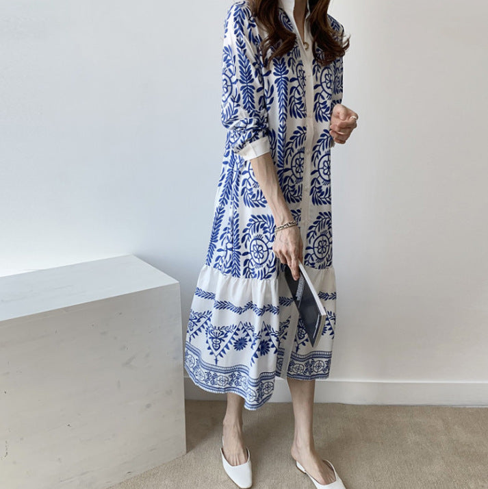 Women's Blue And White Porcelain Printed Shirt Long Dress-Womens 2024 March-Zishirts