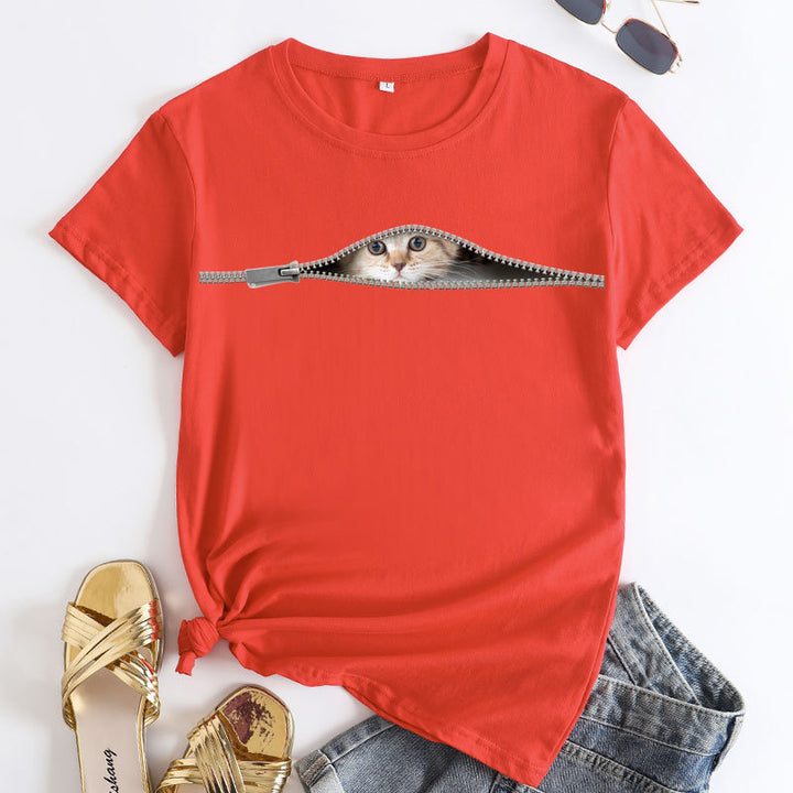 Cat Printing Cotton Round Neck Short Sleeve Women's T-shirt Tops-Blouses & Shirts-Zishirts