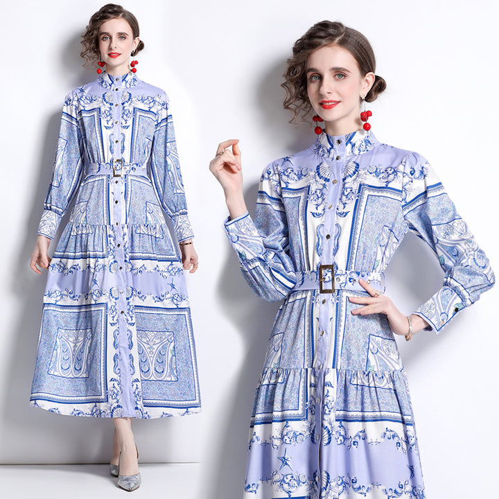 Vintage Totem Printing Temperament Long Sleeve Large Swing Dress-0-Zishirts