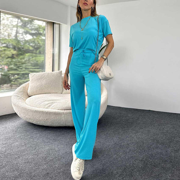 Women's Fashion Casual Short-sleeved Round Neck T-shirt And Trousers Two-piece Set-Suits & Sets-Zishirts