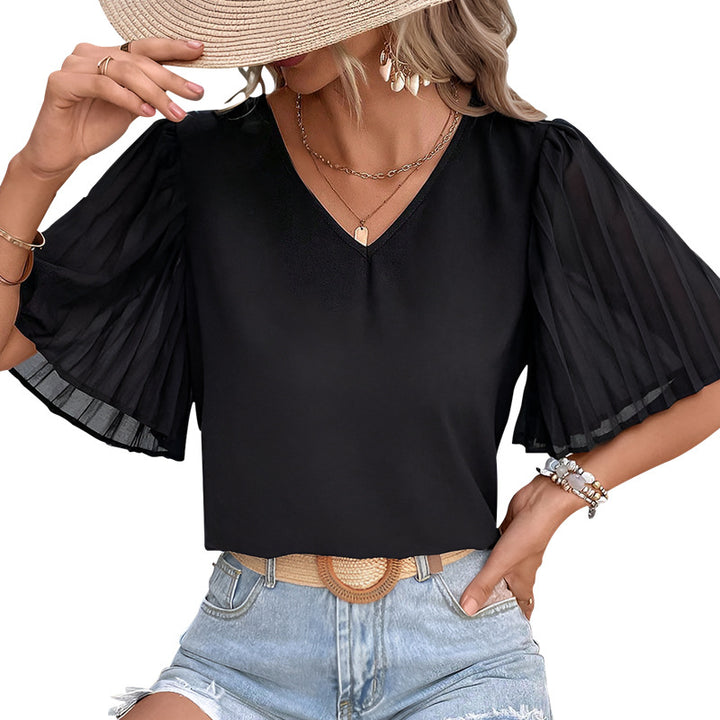 Women's Solid Color Pleated Short-sleeved Shirt-Womens 2024 March-Zishirts