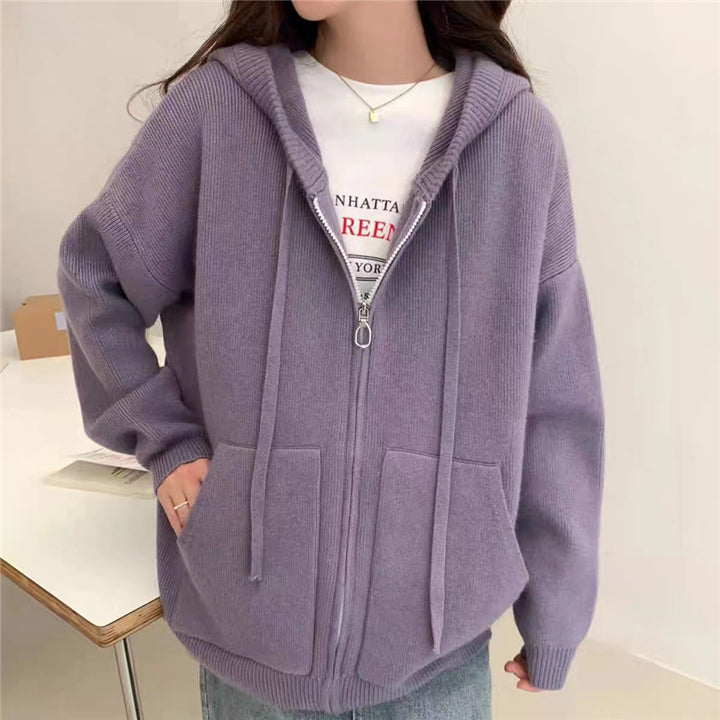 Women's Zipper Hooded Thick Knitted Cardigan-Sweaters-Zishirts